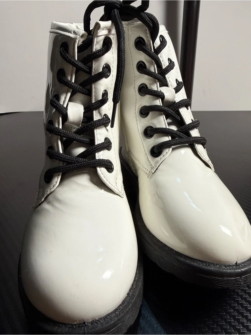 White Lace-Up Patent Combat Boots - Girls